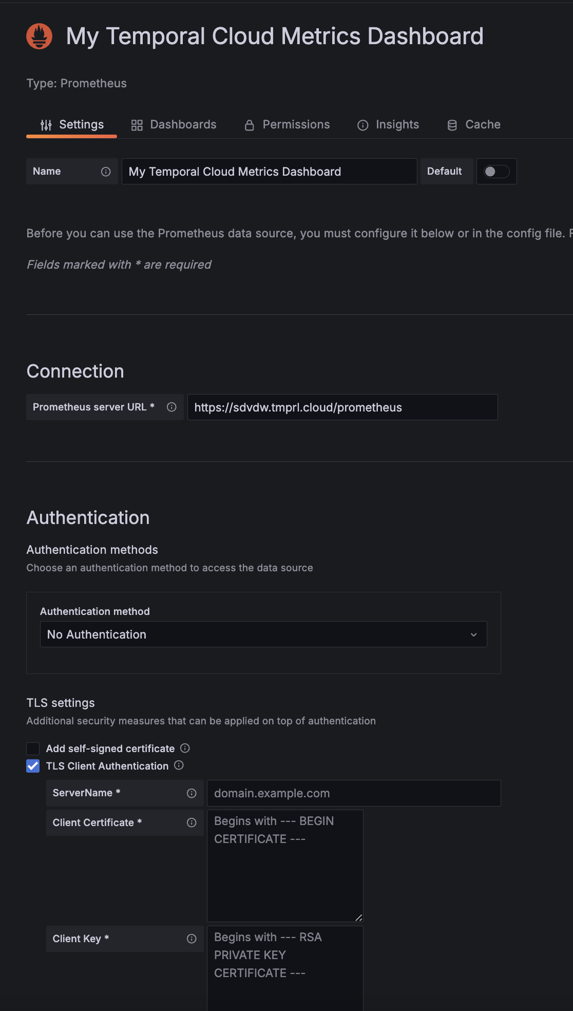 A screenshot showing the data source configuration in Grafana